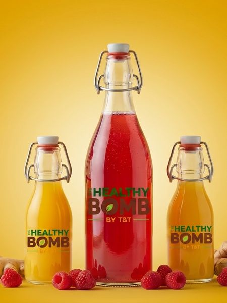 Flesjes koudgeperst sap van The Healthy Bomb