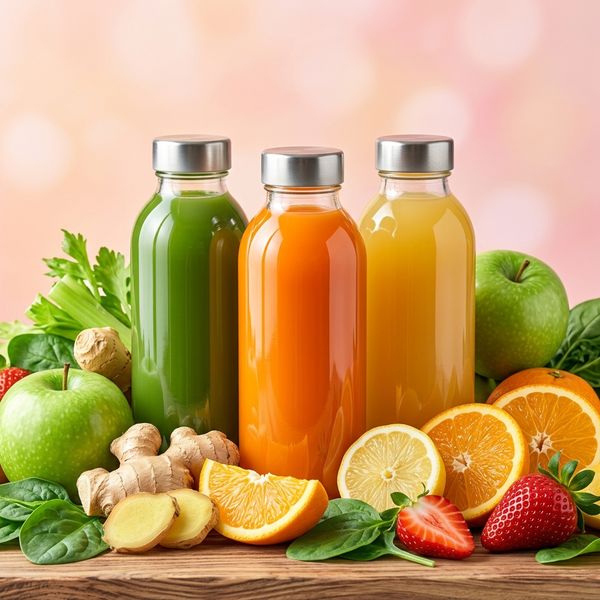 Collage van diverse koudgeperste sapjes, shots en verse ingrediënten